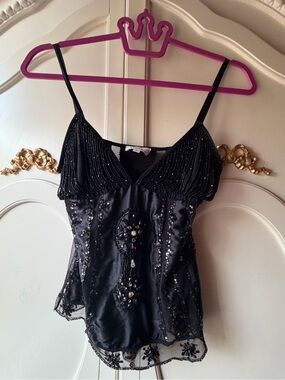 Pinko Black Beaded Satin Camisole with Embellished Lace Hem
